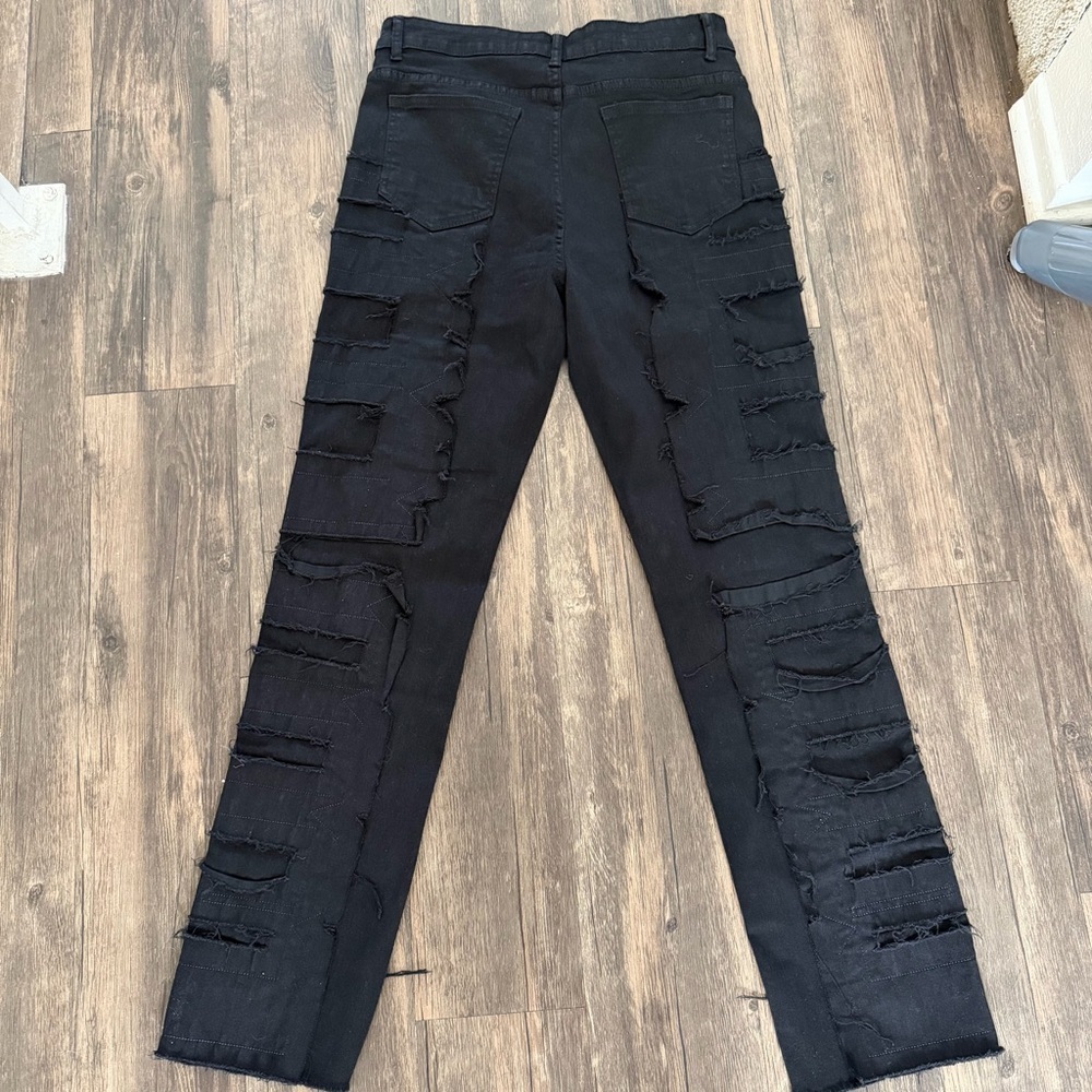 Women’s Black Denim Stacked Jeans Black Distressed Straight Leg Mid Rise Y2K M - Picture 13 of 17